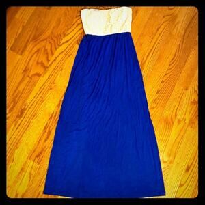 Royal Blue & Tan Lace Knit Maxi Strapless Dress Women’s Size S NWOT